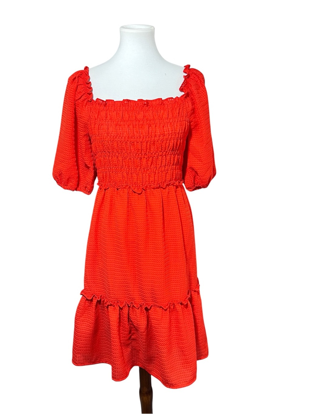 Umgee Red Smocked Dress Womens Small Puff Sleeve Square Neck Ruffle Tiered Mini